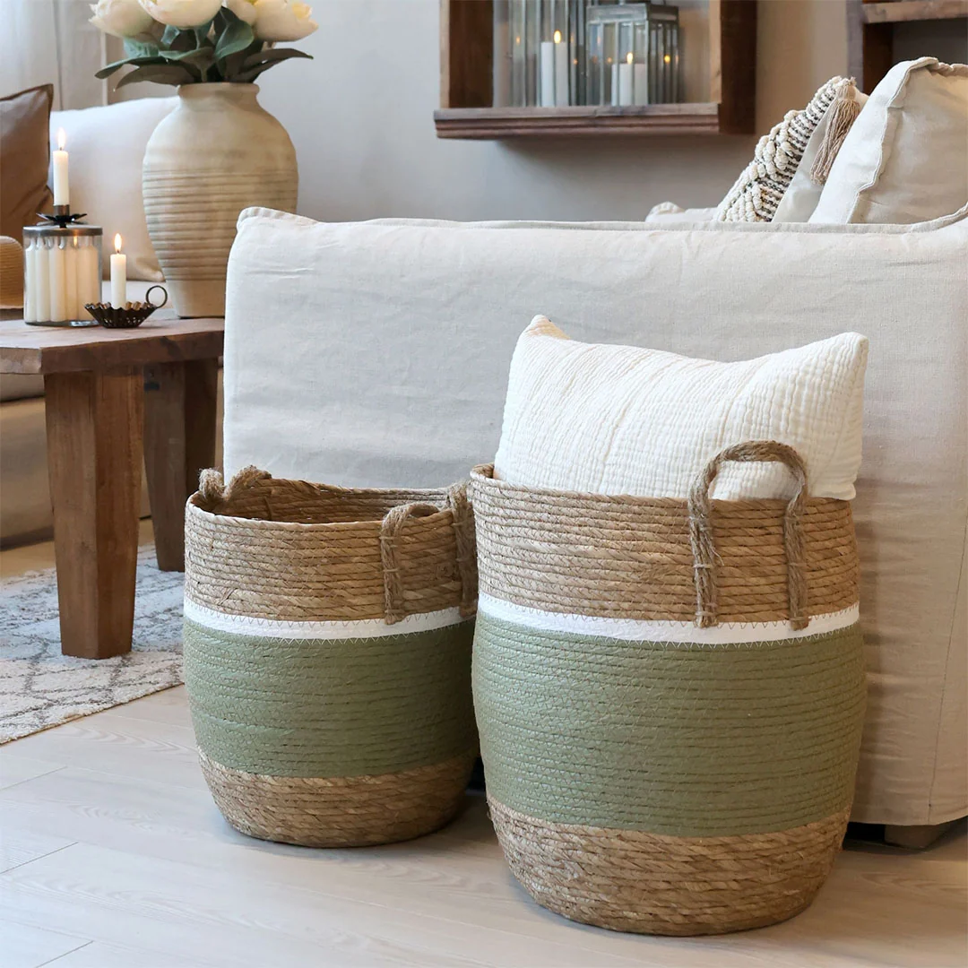 Chic Antique - Kurvesæt i reb og jute – 2 stk opbevaringskurve i grøn & natur med håndtag - Billede 2